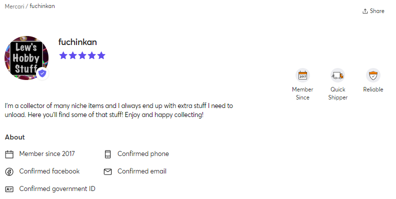 An Image representing my Mercari account. Username fuchinkan.